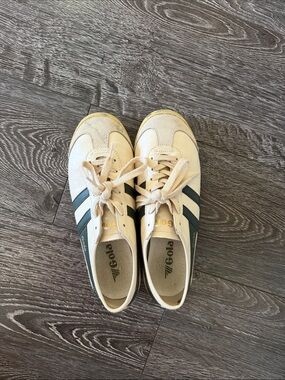 Gola Cream Sneakers with Green Stripes and Yellow Trim